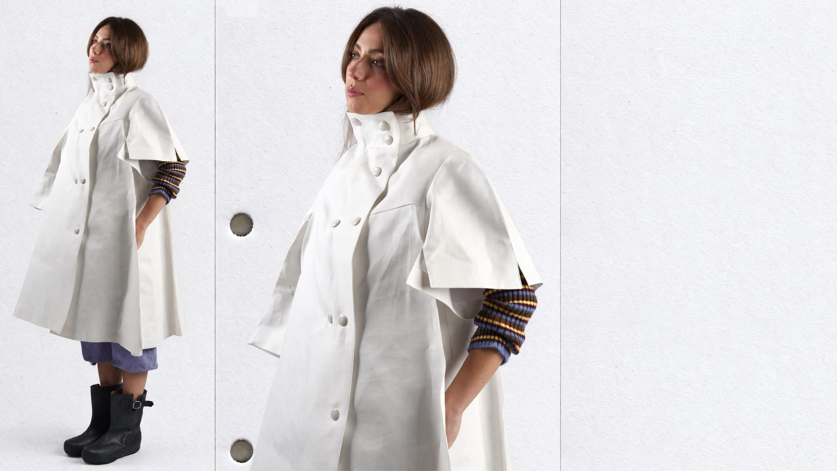 Full-length and thigh-up side views of a model in a white double-breasted swing coat with a high buttoned collar and cape-like sleeves