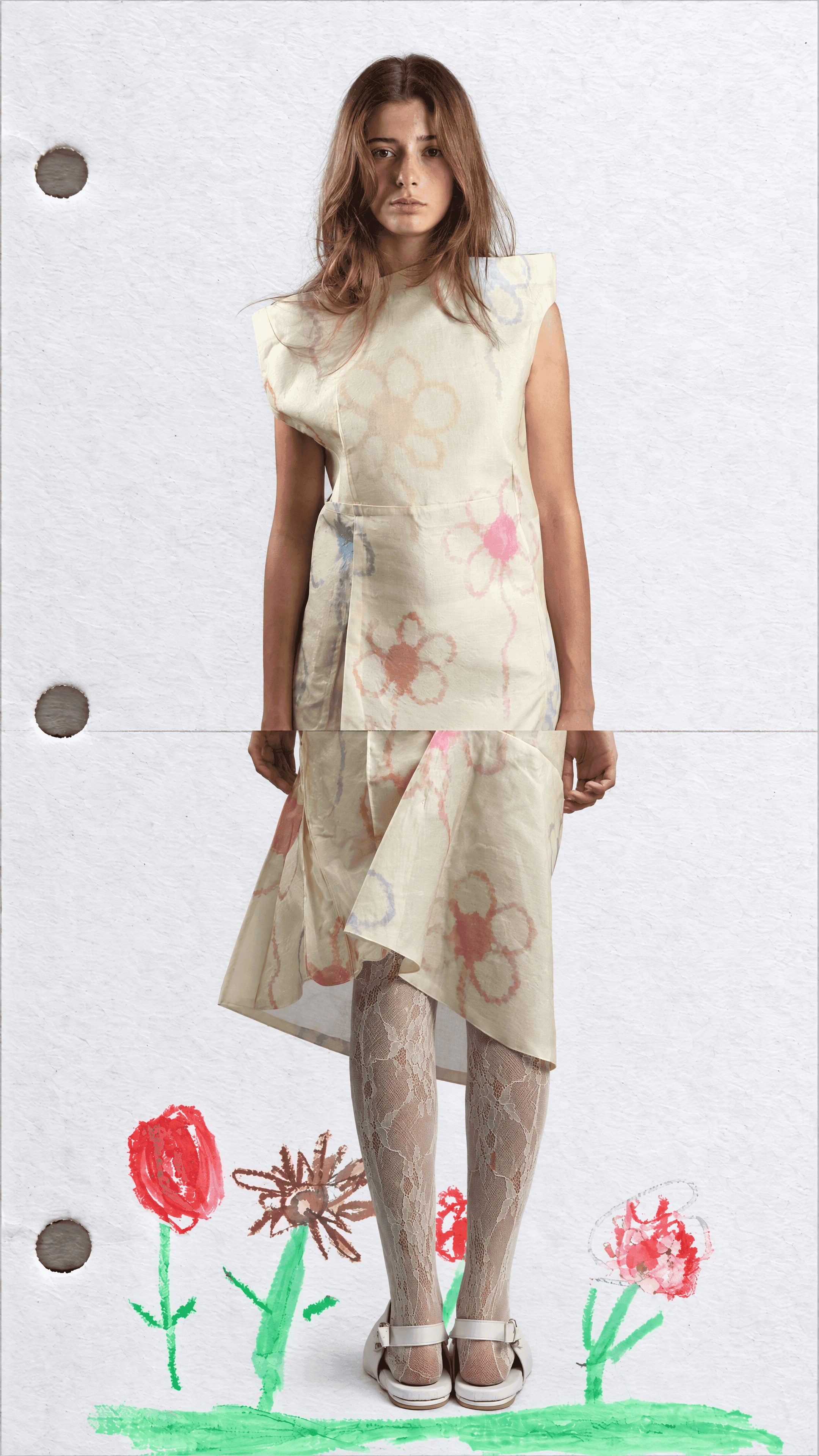 Full-length front view of a model in a cream sleeveless dress with pastel drawn flowers and an asymmetric draped hem, lace tights and white shoes
